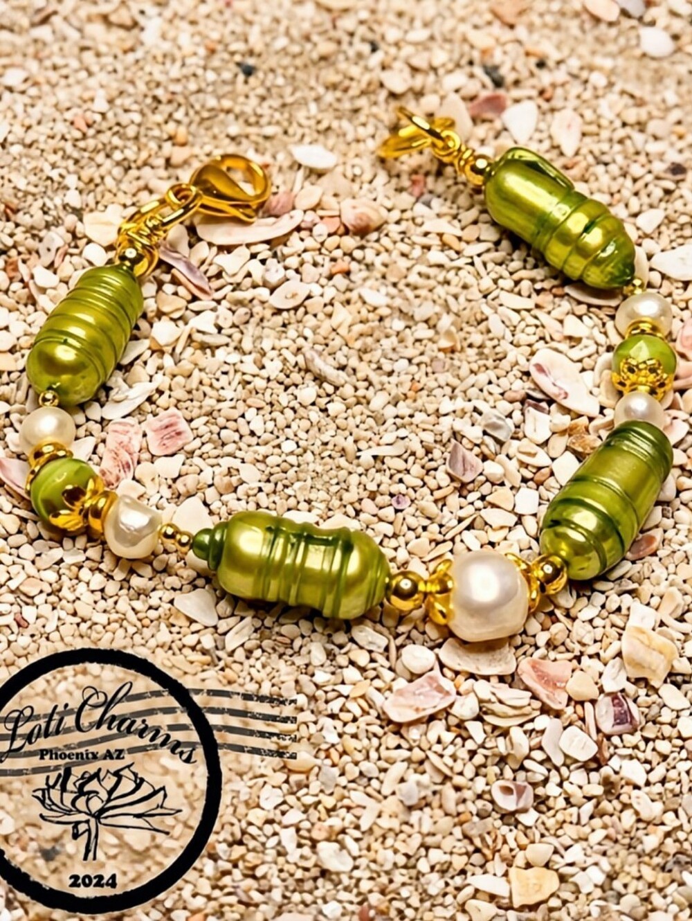 Green And White Freshwater Pearls In Gold Plated Bracelet